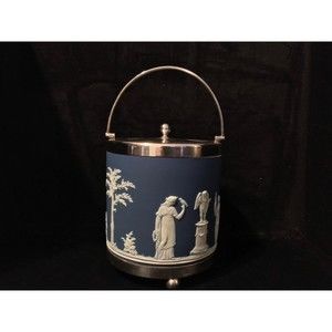 Antique Wedgwood Dipped Blue Jasperware EPNS Biscuit Barrel Sacrifice Figures